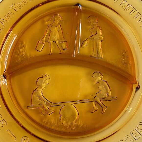 Vintage Amber Glass Divided Children’s Nursery Rhyme Plate - Picture 2 of 8